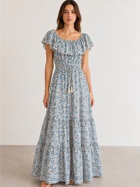 Coccole Light Blue Floral Off-Shoulder Cottagecore Maxi Dress M/L